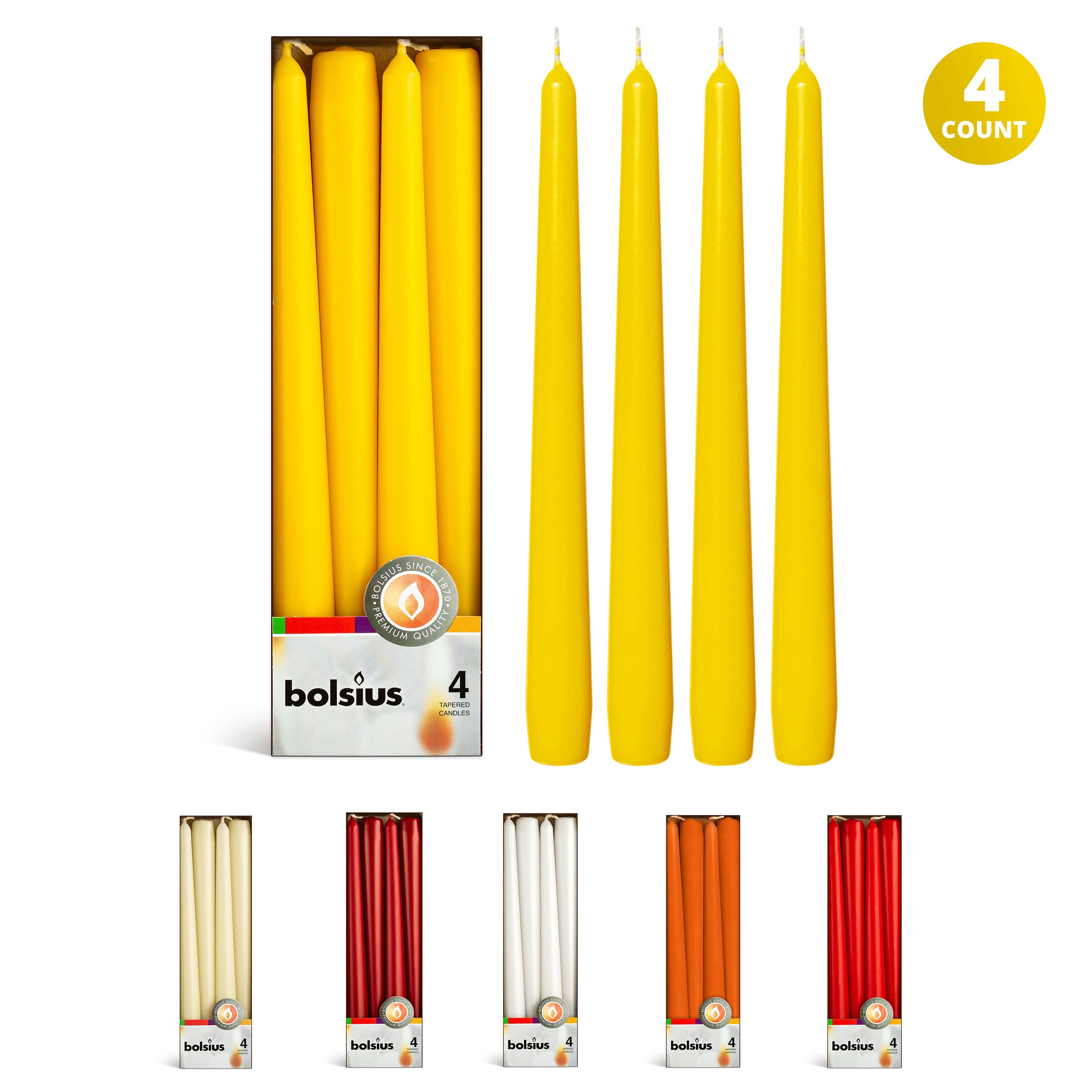 A set of four tall white tapered candles, measuring 10 inches and crafted from high-quality paraffin wax, is shown in the packaging. These unscented and dripless taper candles are available in various colors, as displayed at the bottom.