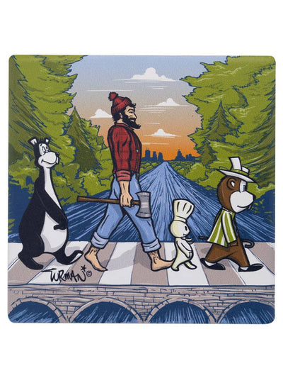 Paul Bunyan, Boo-Boo Bear, Yogi Bear, and Snagglepuss cross Abbey Road in vibrant Minnesota style on the "Coaster: Minnesota Abbey Rd Artwork by Adam Turman Coaster.