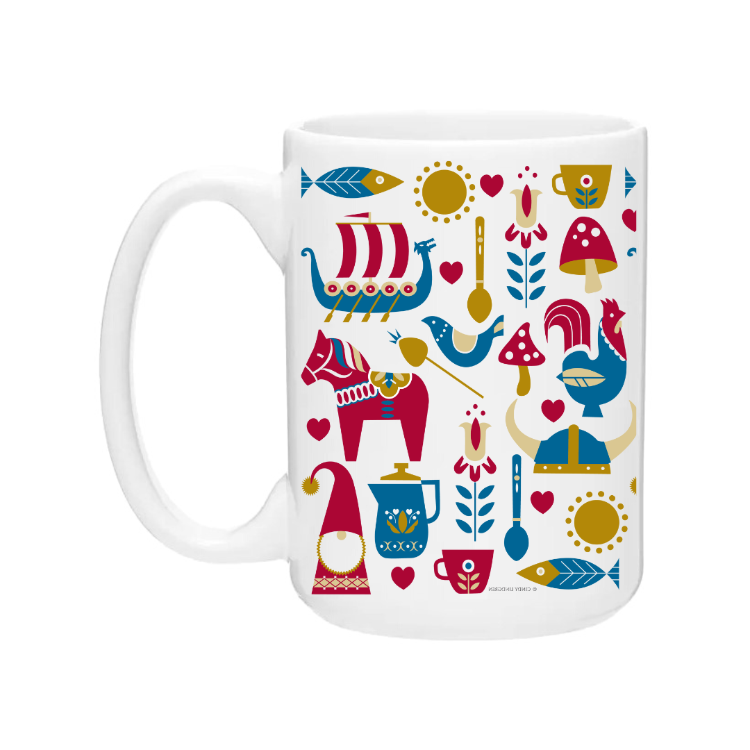 This 15 oz. white coffee mug, featuring the Nordic Love Wrap series by Cindy Lindgren, displays vibrant Scandinavian folk art with designs of a horse, ship, mushroom, and intricate red, blue, and yellow patterns—a colorful homage to traditional artistry.