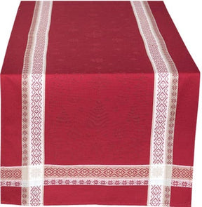 A rectangular table with a red cloth and white borders is topped with a Holiday Red Runner, 100% woven cotton, 20" x 60", European jacquard style, for festive Christmas decor.
