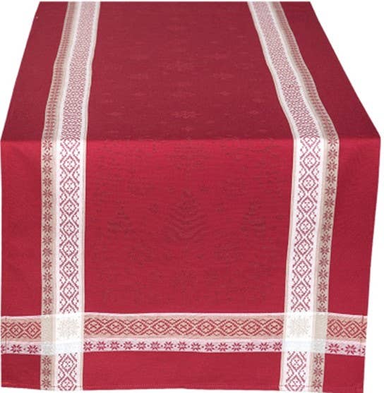 A rectangular table with a red cloth and white borders is topped with a Holiday Red Runner, 100% woven cotton, 20" x 60", European jacquard style, for festive Christmas decor.