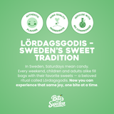 Green graphic with text about Lördagsgodis, Sweden’s Saturday candy tradition, and images of Swedish gummy candy. Scandinavian design elements are visible.