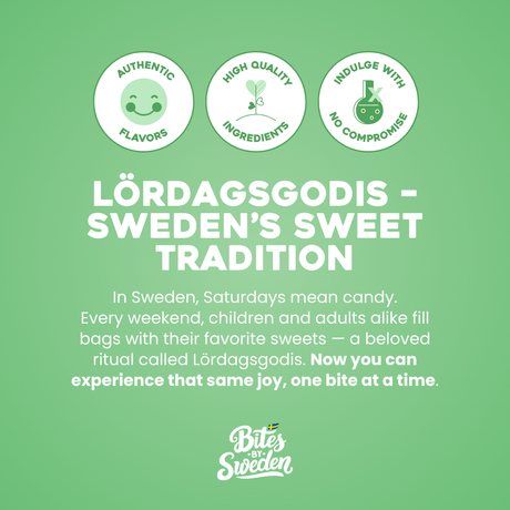 Green graphic with text about Lördagsgodis, Sweden’s Saturday candy tradition, and images of Swedish gummy candy. Scandinavian design elements are visible.