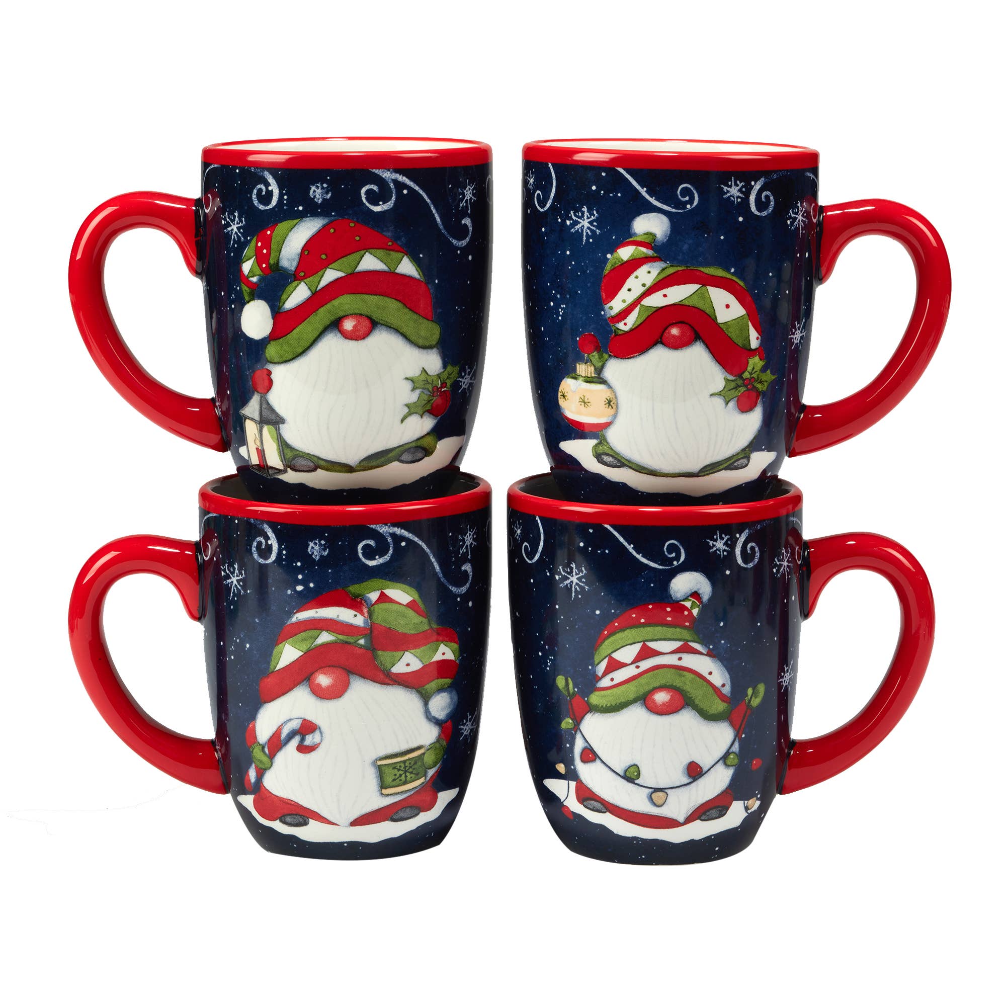 Set of four 18 oz. Coffee Mugs: Holiday Magic Christmas Gnomes – Ceramic Mugs with red handles, featuring Susan Winget's festive gnome design on a dark blue, snowflake-covered background.