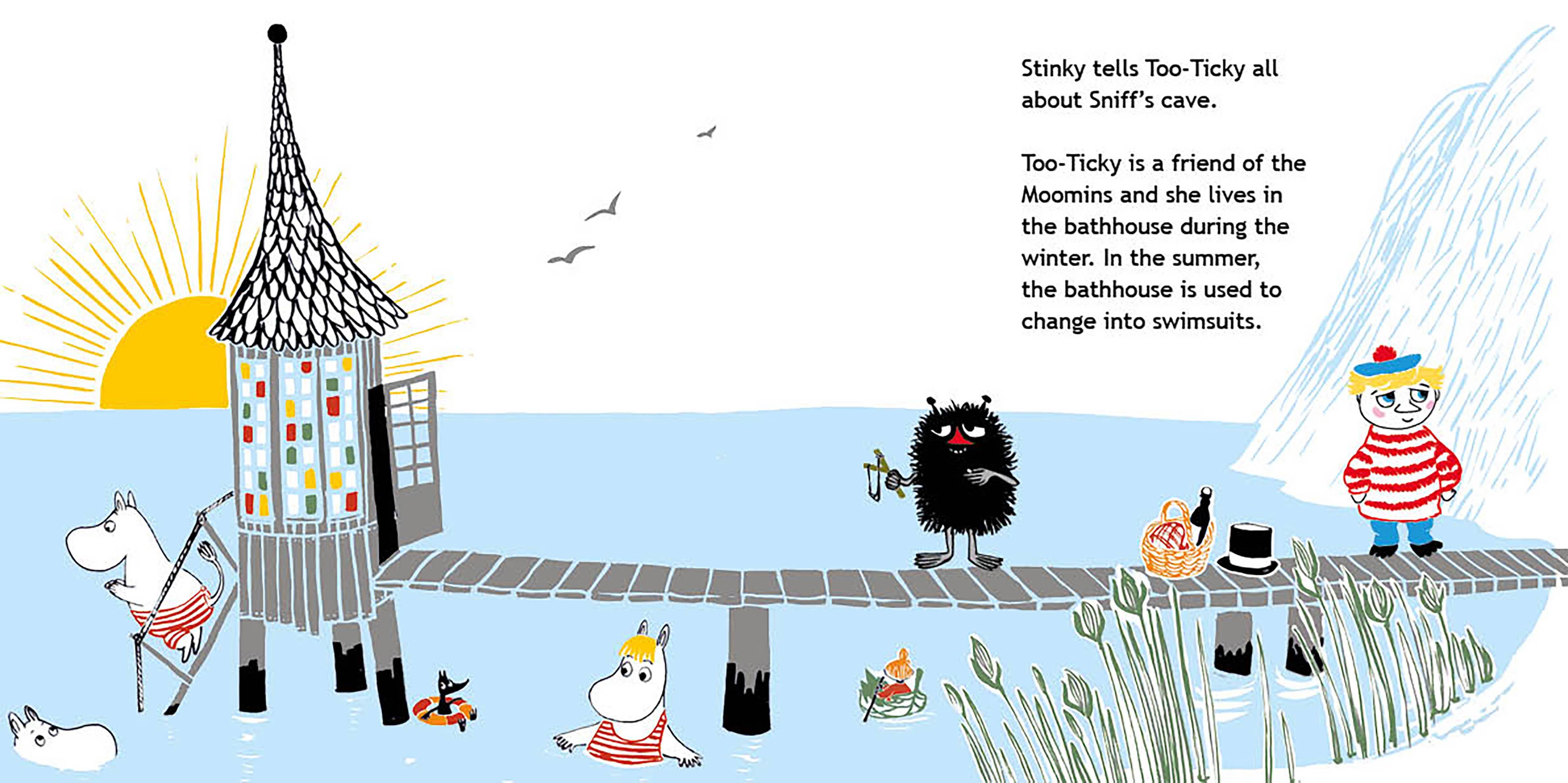 The book "Moominvalley Friends at the Seaside" by Katariina Heilala features a sunset scene with Moomins on a pier and in the water, plus text about Too-Ticky. Enjoy reading and playing with wooden Moomin figures included.