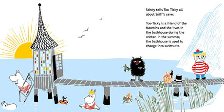 The book "Moominvalley Friends at the Seaside" by Katariina Heilala features a sunset scene with Moomins on a pier and in the water, plus text about Too-Ticky. Enjoy reading and playing with wooden Moomin figures included.