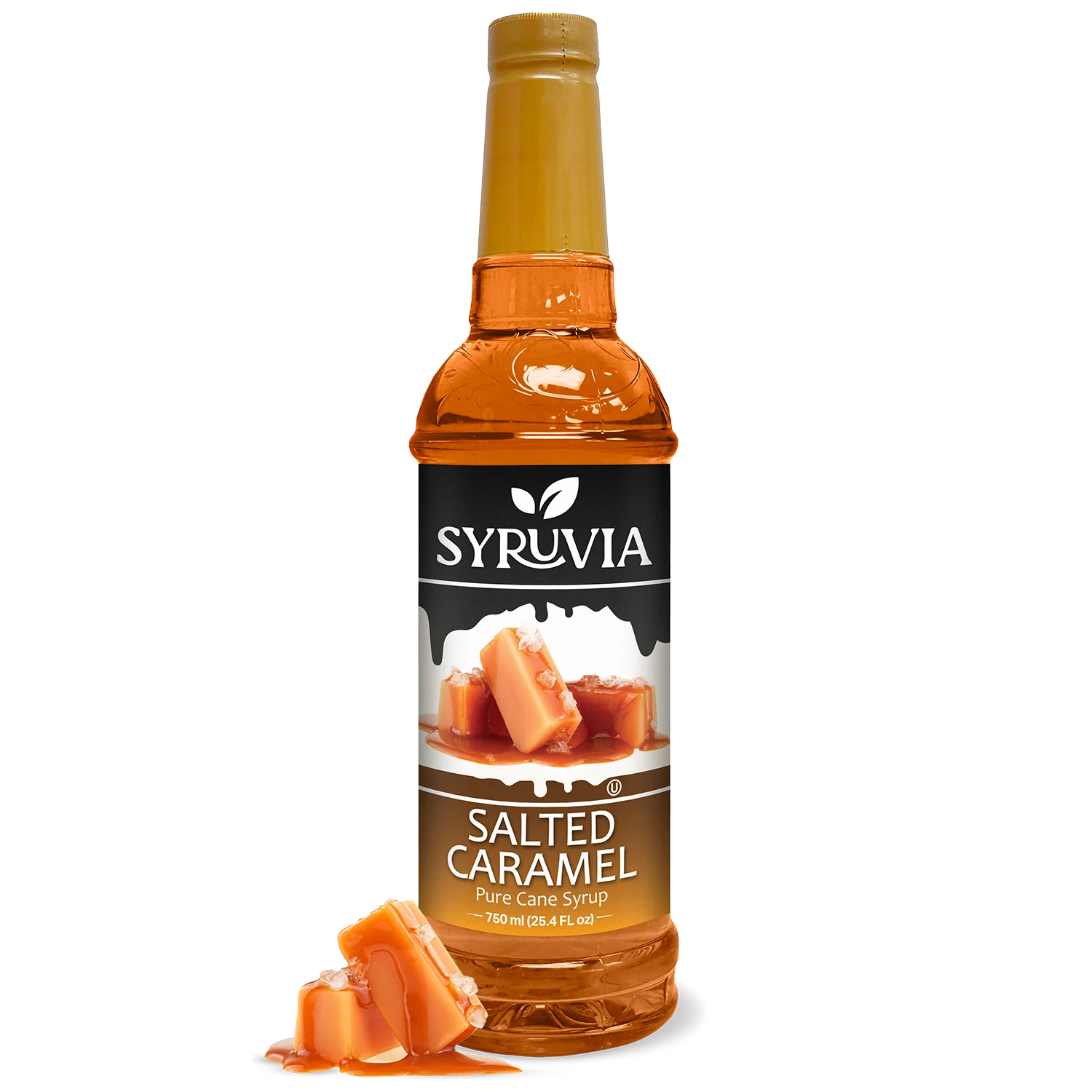 A bottle of Syruvia Syurp: Salted Caramel Syrup Pure Cane Sugar is shown with caramel pieces in front, set against a white background.