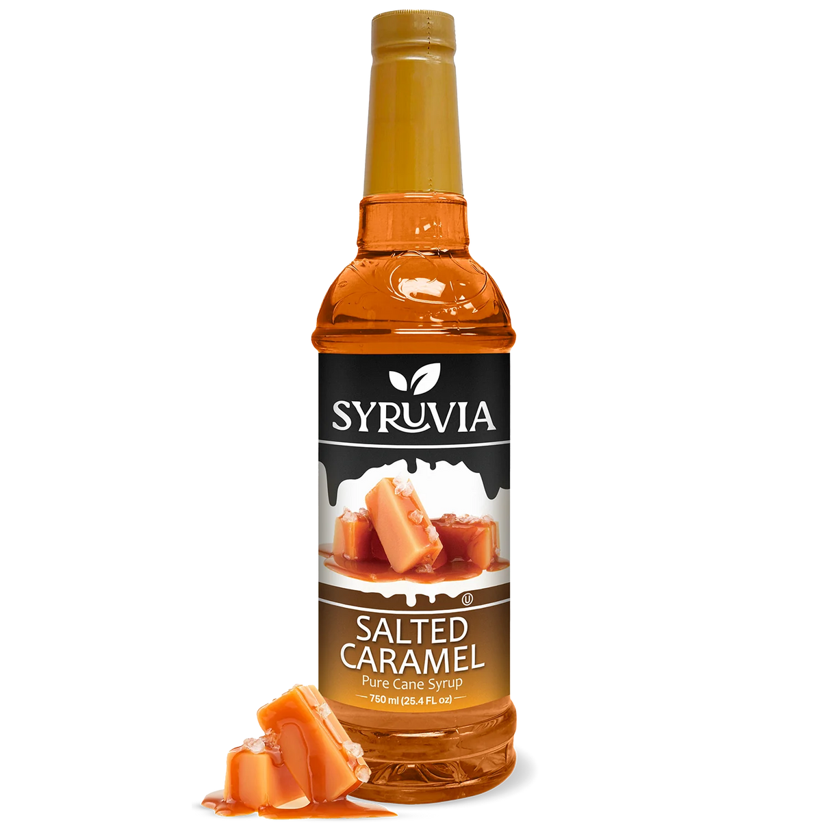A bottle of Syruvia Syurp: Salted Caramel Syrup Pure Cane Sugar is shown with caramel pieces in front, set against a white background.