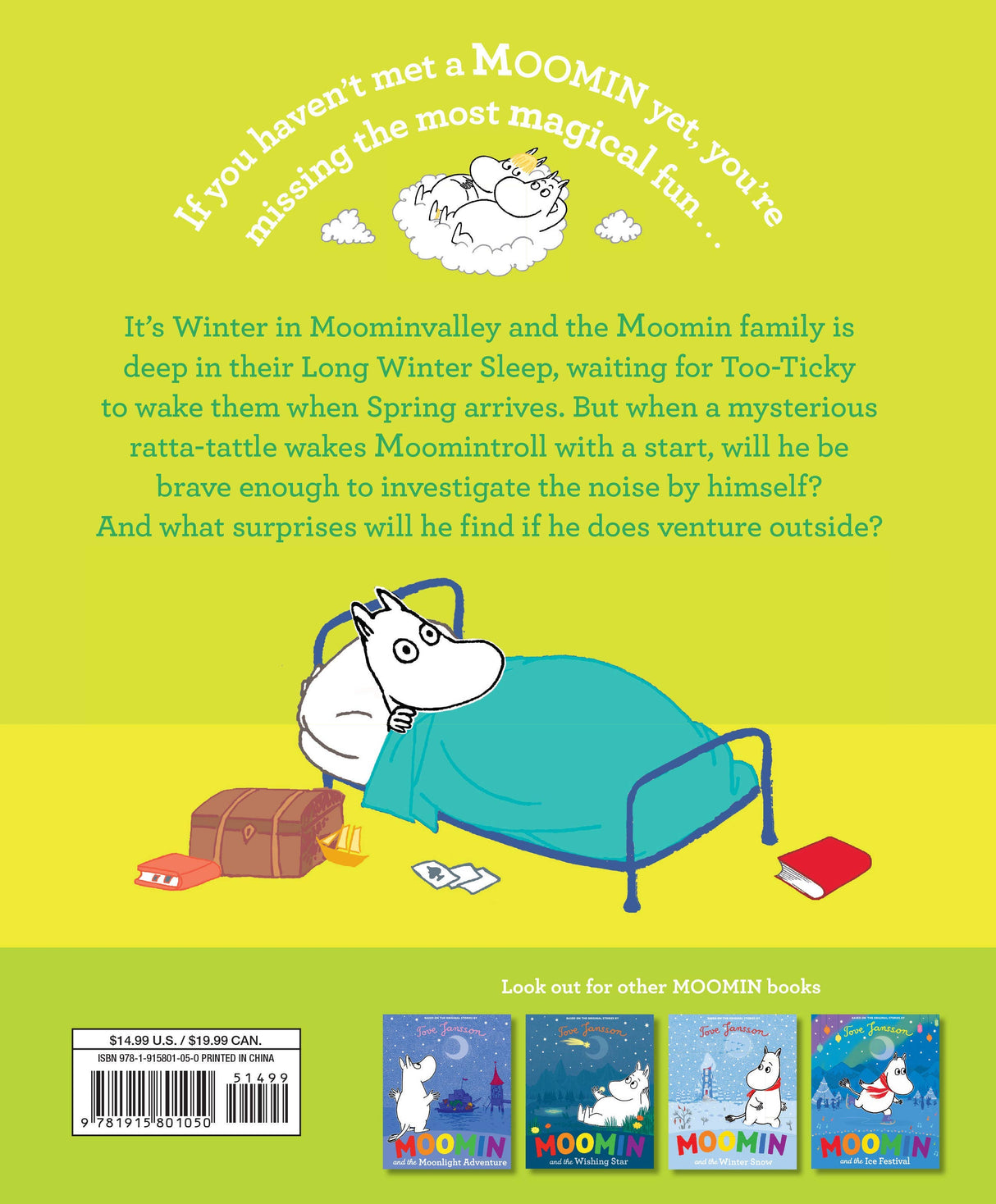 A Moomin character relaxes in bed with a blue blanket, reading in a yellow room inspired by Tove Jansson’s Moominvalley. The cover of "Book: Moomin and the Spring Surprise by Tove Jansson" is shown among other displayed book covers below.