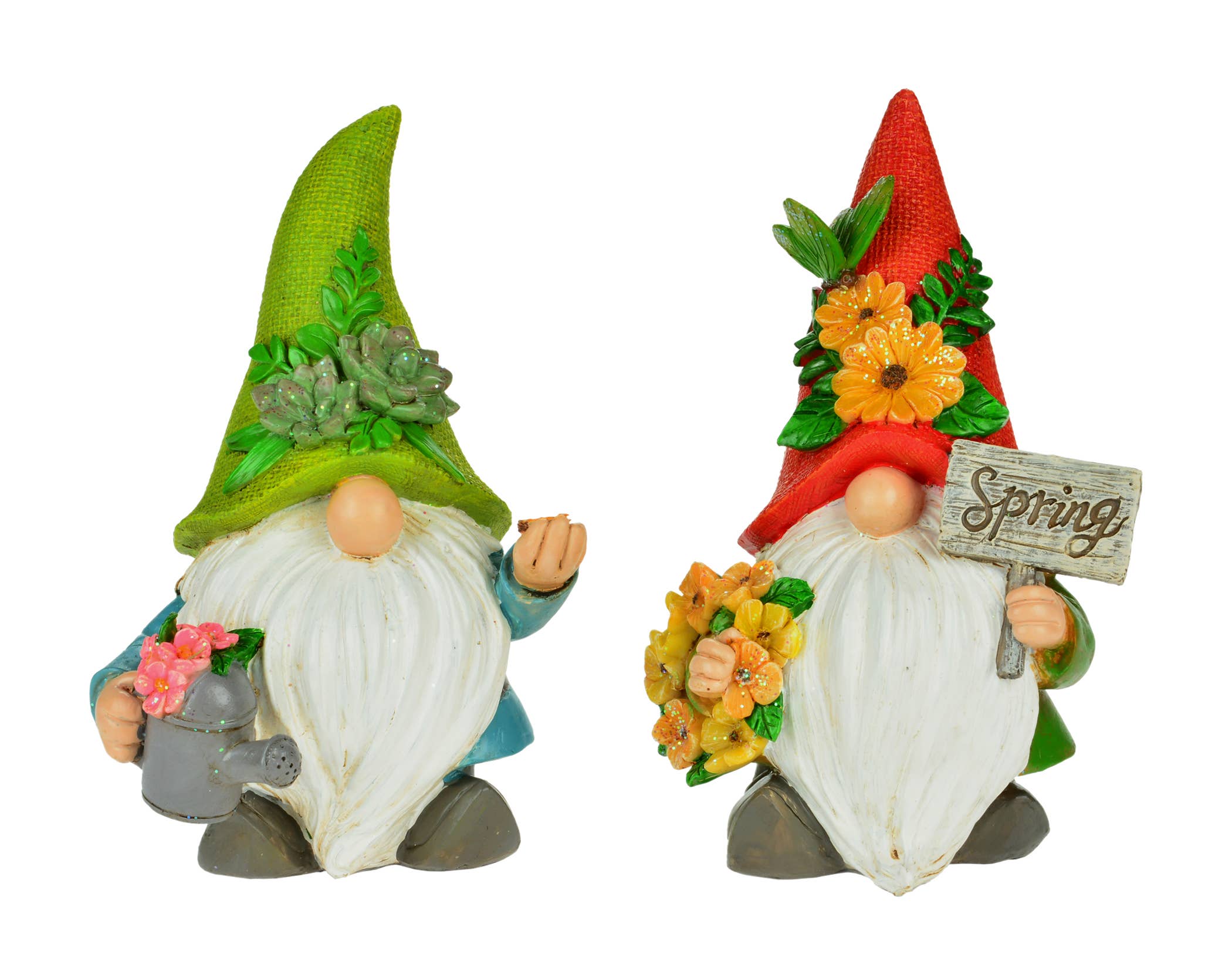 These charming spring decorations feature an 8 gnome with a green hat and watering can, along with his red-hatted companion presenting flowers and a Spring sign.