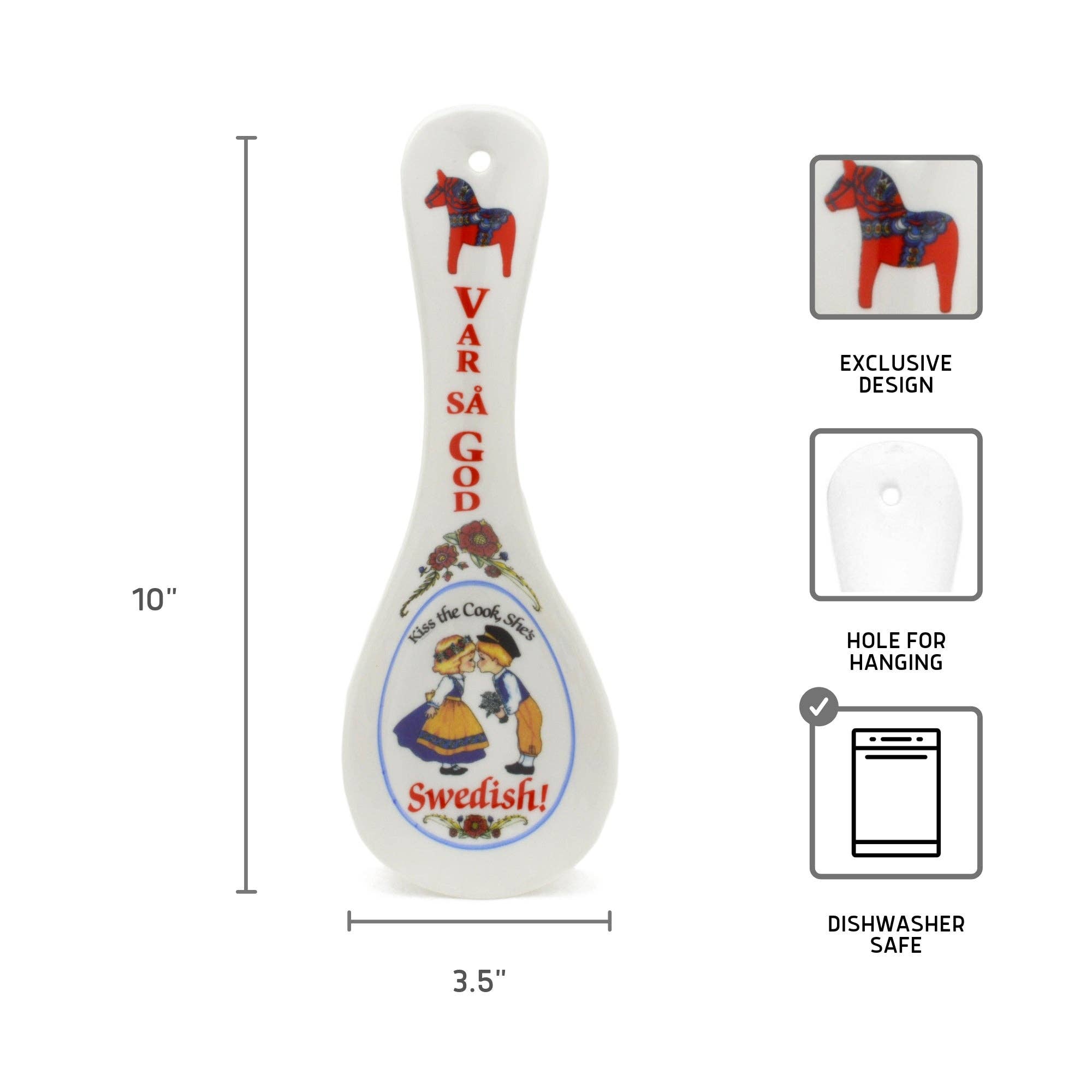 This ceramic spoon rest, known as the "Spoon Rest: Swedish Gift Var Sa God," showcases a delightful Swedish folk art design featuring a red horse. It includes the "Var Så God" text and a heartwarming "God Bless the Cook" message. Ideal as a Swedish gift, it features a hanging hole and is dishwasher safe. Measuring 10 by 3.5 inches, it's perfect for enhancing any kitchen decor.