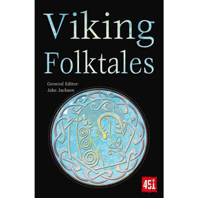 Book cover of Book: Viking and Nordic Folktales, General Editor Jake Jackson, features a circular Norse design with detailed patterns on a black background—celebrating the tradition of Scandinavian storytelling.