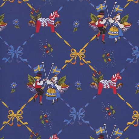 Gift Wrap: Swedish Dancers & Swedish Dala Horse on Blue Flat Wrapping Paper features dancers in traditional clothing holding Swedish flags, surrounded by Dala horses, flowers, and ribbons on a blue background.