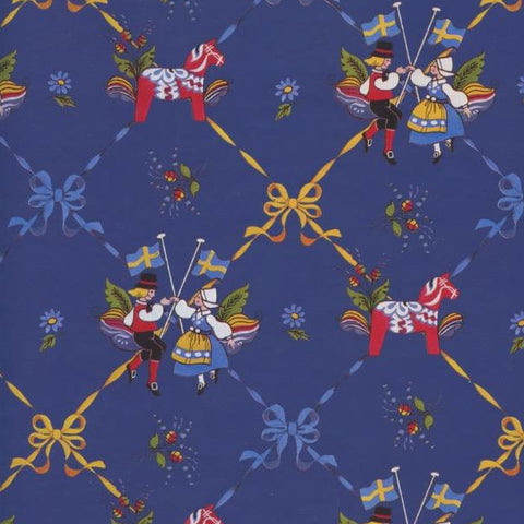 Introducing our environmentally responsible "Gift Wrap: Dancers & Dala Horse Flat Wrap," featuring a beautiful patterned design of Swedish dancers holding flags and traditional painted horses, adorned with blue ribbons and floral motifs on a dark blue background.