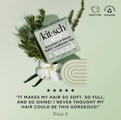 The Kitsch Rosemary & Biotin Volumizing Shampoo & Conditioner Bar Combo (2 Bars, 2.7oz each) is shown with greenery and a ribbon, plus a review praising these sulfate-free bars for noticeable hair benefits.