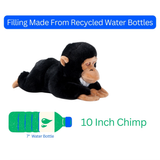 The Earth Keeperz Chimp Stuffed Animal is 10 long, made from recycled materials. An illustration shows its eco-friendly plush next to a 7-inch water bottle for size comparison.