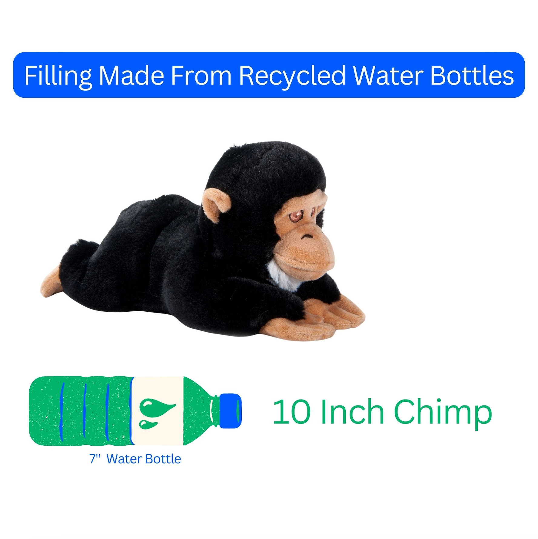 The Earth Keeperz Chimp Stuffed Animal is 10 long, made from recycled materials. An illustration shows its eco-friendly plush next to a 7-inch water bottle for size comparison.