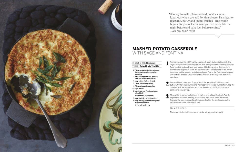 Check out the "Book: Potluck" page highlighting a mashed potato casserole with sage and fontina—perfect for your next potluck dinner. This herb-topped baked dish includes step-by-step instructions and a quote celebrating the delightful blend of flavors that make it ideal for sharing.