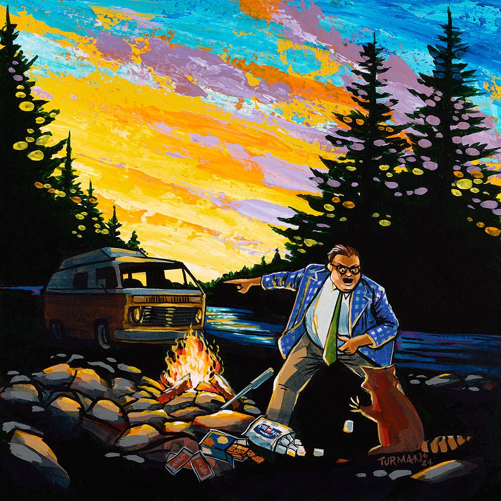 A man in a plaid jacket points at a raccoon stealing food by a campfire, with a van and forest at sunset—a playful scene in the 8 × 8 Camp – In A Van Down By The River Art Print, perfect for fans of Adam Turman.