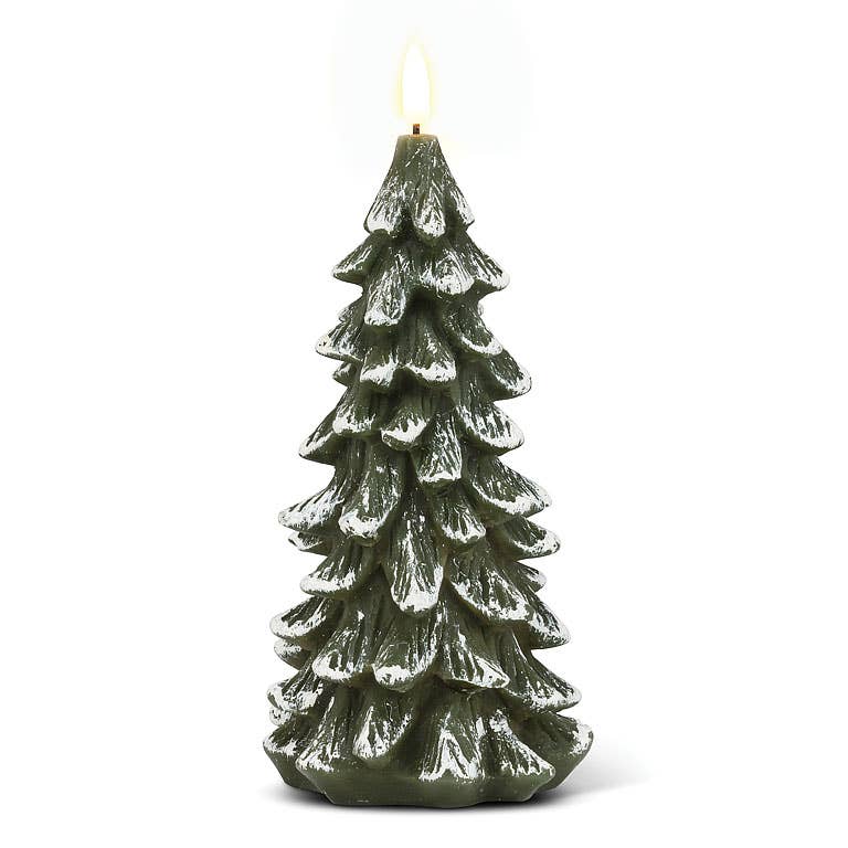 The Candle: Snowy Tree LED Candle (9"H) emits a gentle light, resembling a green pine tree covered in snow, making it ideal for creating a cozy holiday atmosphere.