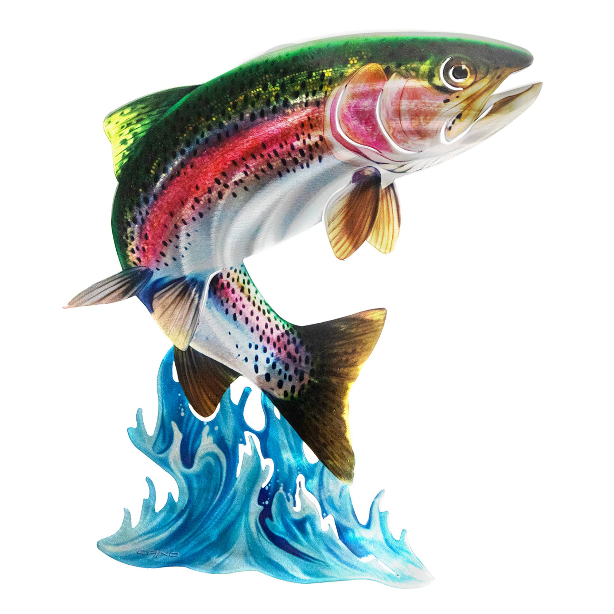 Introducing the Jumping Trout Wall Art, featuring a vibrant depiction of a colorful trout leaping from stylized blue water, showcasing stunning shades of green, pink, and brown. This wall decor is an ideal addition to any space.