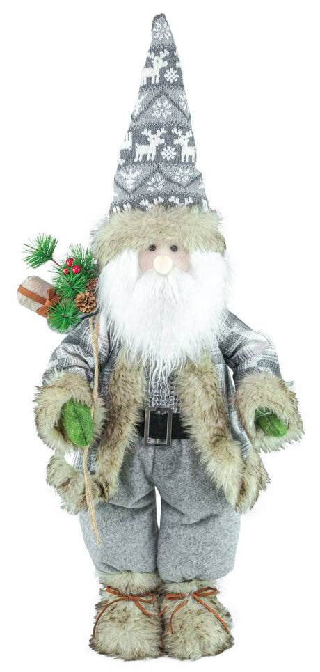 Gnome with long white beard, gray hat and coat, holding a pine branch with red berries, wearing furry mittens and boots.