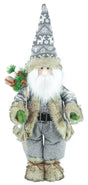 Gnome with long white beard, gray hat and coat, holding a pine branch with red berries, wearing furry mittens and boots.