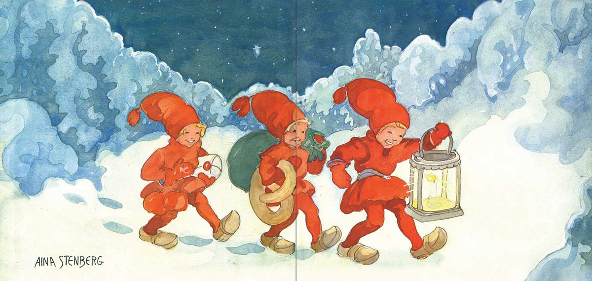 Three elves in red outfits walk through snowy woods at night, each carrying gifts and a glowing lantern under a starry sky with Scandinavian holiday design elements.