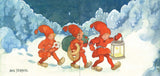 Three elves in red outfits walk through snowy woods at night, each carrying gifts and a glowing lantern under a starry sky with Scandinavian holiday design elements.