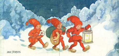 Three elves in red outfits walk through snowy woods at night, each carrying gifts and a glowing lantern under a starry sky with Scandinavian holiday design elements.