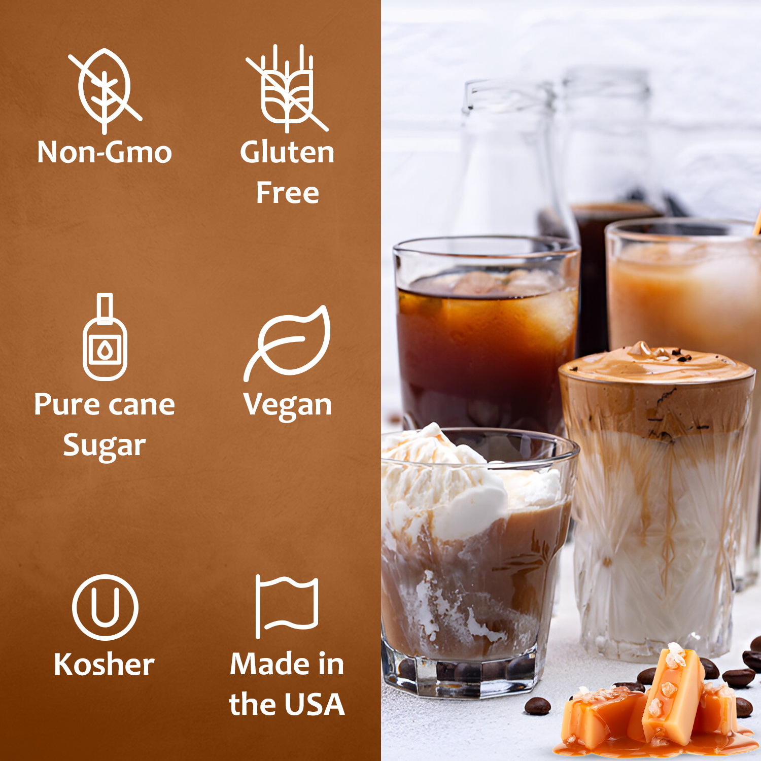 Infographic with icons showing Syruvia Salted Caramel Syrup benefits: Non-GMO, Gluten Free, Pure Cane Sugar, Vegan, Kosher, Made in the USA; beside iced coffee drinks with cream and a bottle of Syruvia on a table.