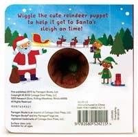 The Book: Jingle, Jingle, Little Reindeer Finger Puppet Board Book features a festive cover with Santa, an elf, and two reindeer in the snow, plus a central hole with a reindeer puppet—ideal as a Christmas baby or reindeer board book.