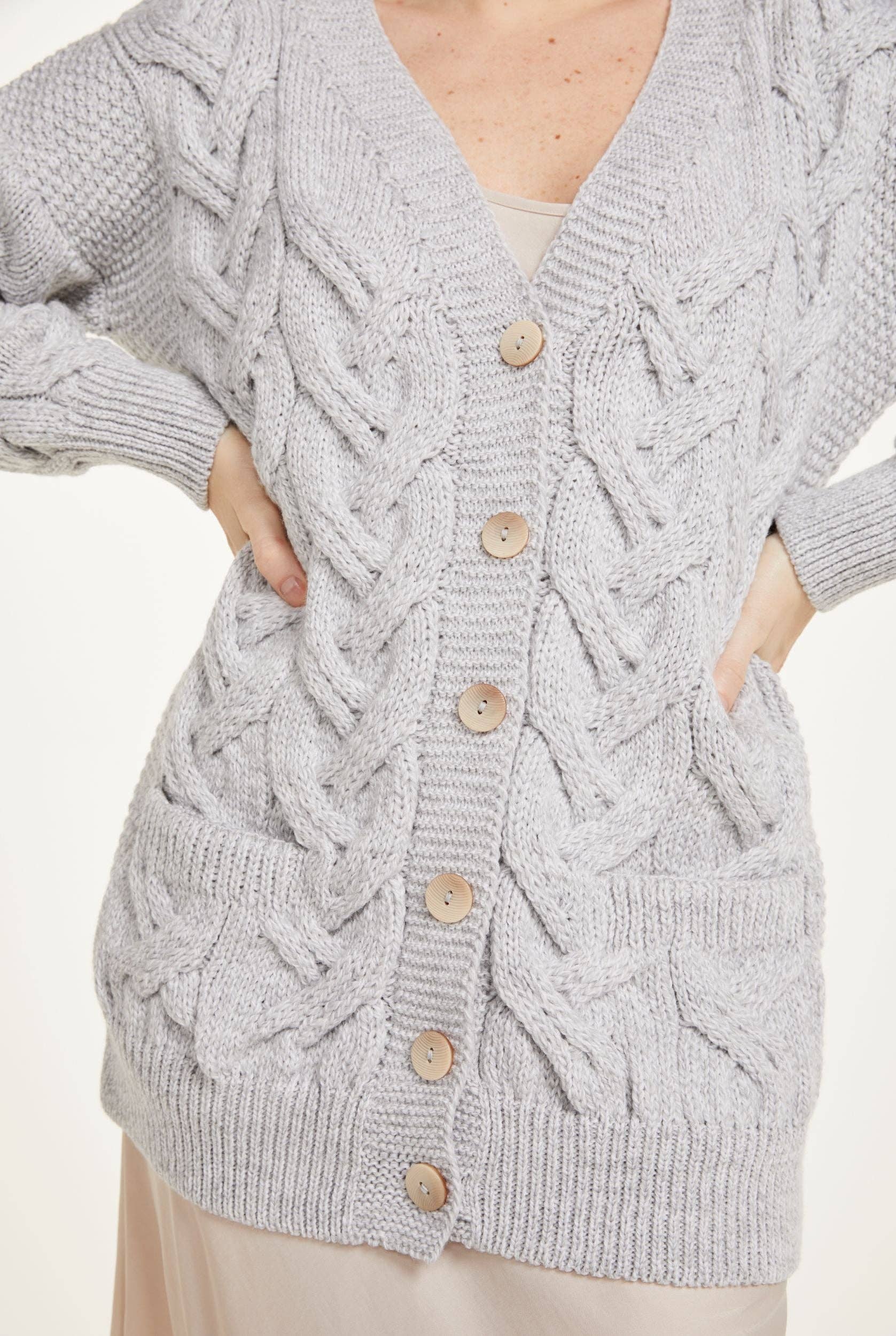 Sweater: Downpatrick Ladies Aran Cardigan - Feathered Grey