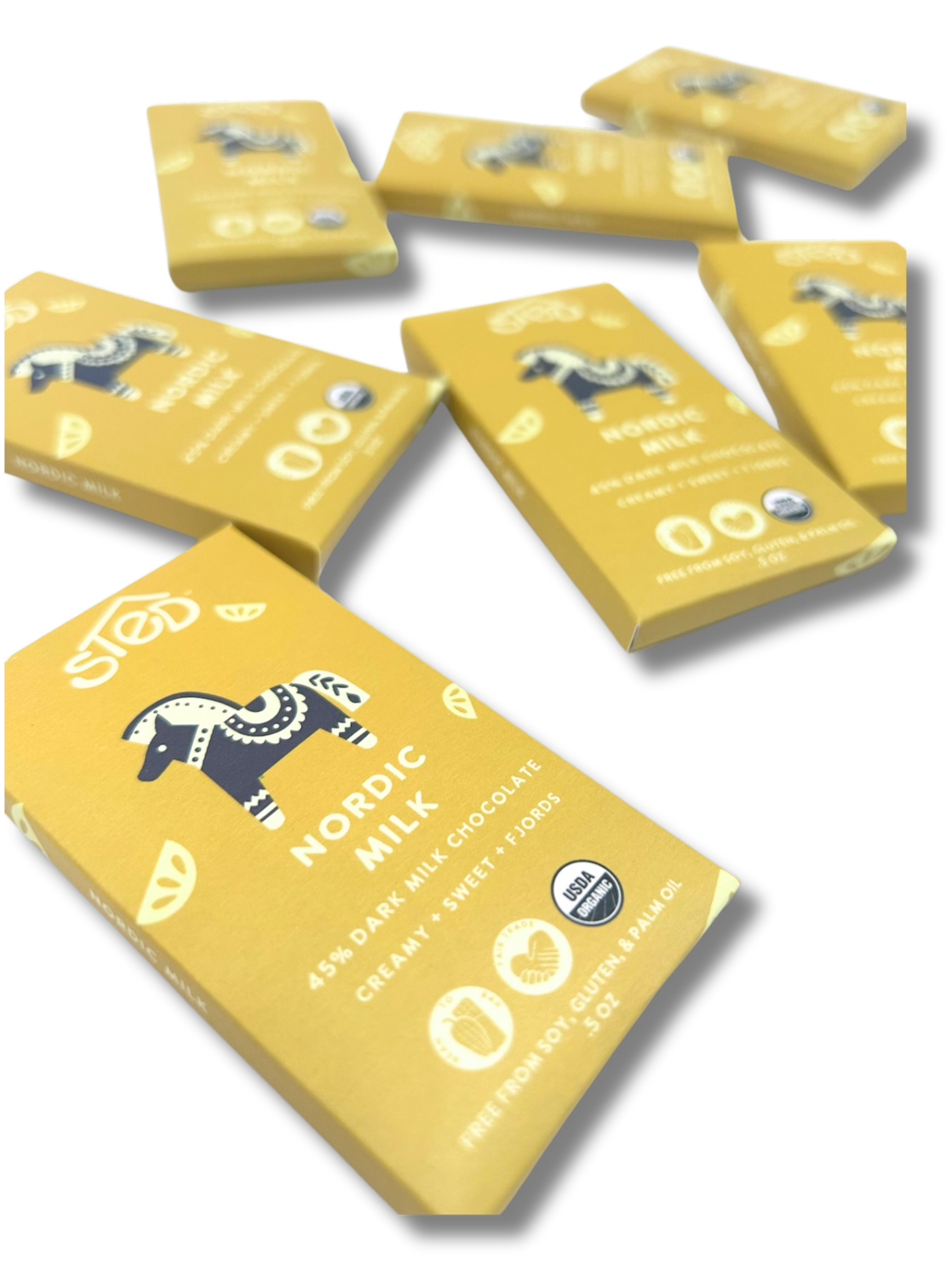 Seven yellow chocolate bars with a blue horse design and “45% Scandinavian milk chocolate” text are arranged on a white surface.
