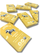 Seven yellow chocolate bars with a blue horse design and “45% Scandinavian milk chocolate” text are arranged on a white surface.