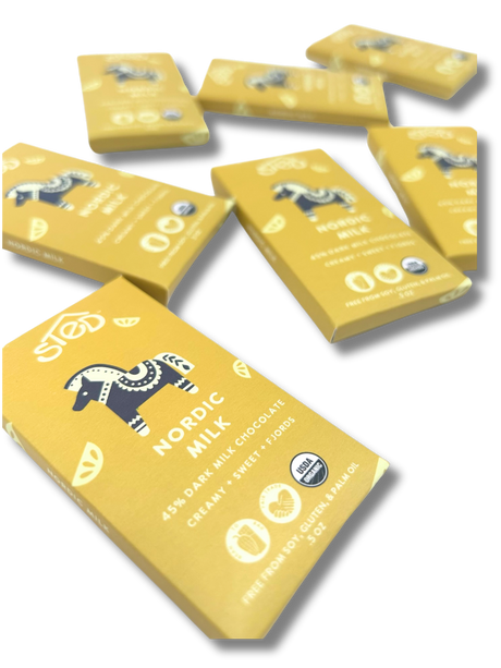 Seven yellow chocolate bars with a blue horse design and “45% Scandinavian milk chocolate” text are arranged on a white surface.