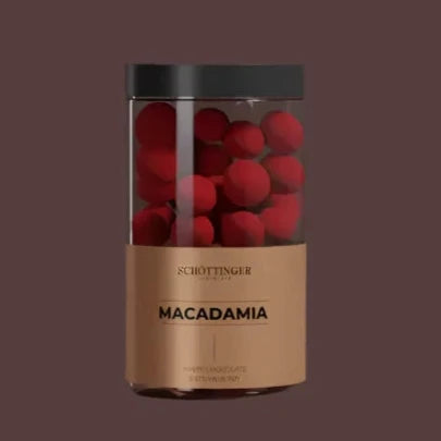 A jar of Candy: Macadamianut with White chocolate & Strawberry (200g), complete with a black lid, is set against a dark background.