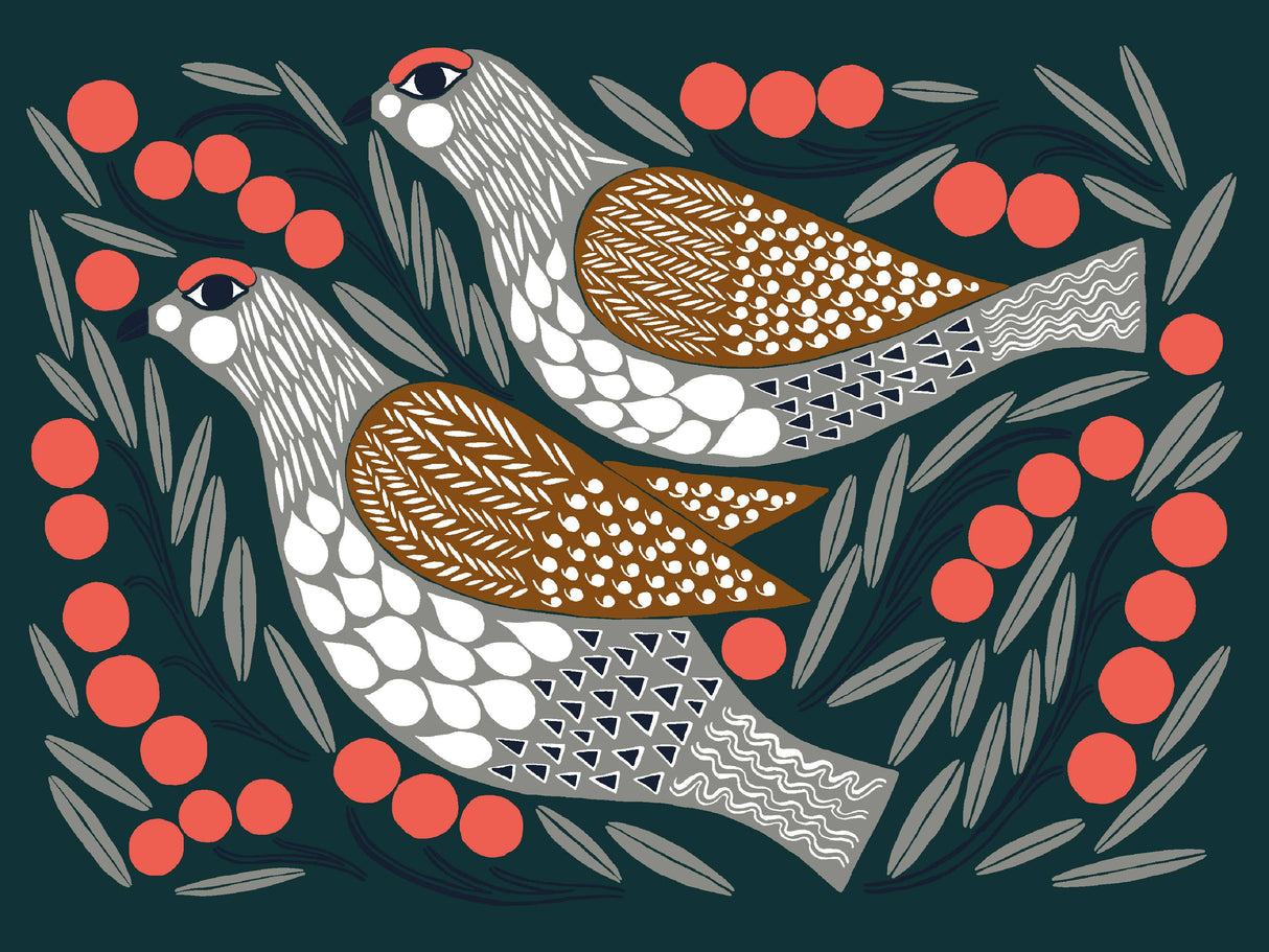 Two birds with patterned wings are surrounded by red berries and green leaves on a dark background, featured on the Cards: Marimekko Kukka Notecards 5x7 (16 Cards & Envelopes), perfect for brightening any stationery collection.
