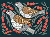 Two birds with patterned wings are surrounded by red berries and green leaves on a dark background, featured on the Cards: Marimekko Kukka Notecards 5x7 (16 Cards & Envelopes), perfect for brightening any stationery collection.