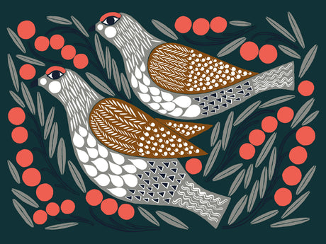 Two birds with patterned wings are surrounded by red berries and green leaves on a dark background, featured on the Cards: Marimekko Kukka Notecards 5x7 (16 Cards & Envelopes), perfect for brightening any stationery collection.