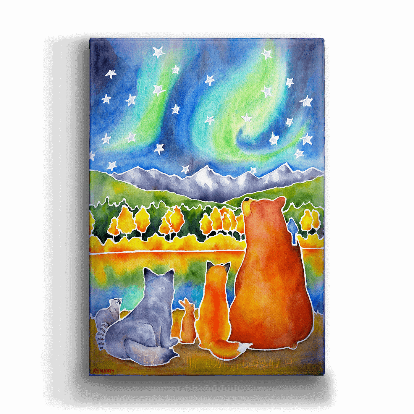 Drawn to the Lights: Metal Box Art captures Scandinavian woodland animals by a lake, gazing at mountains and northern lights—stunning 18\"x26\" aluminum wall decor for your home.