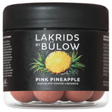 A 125g jar of Lakrids by Bülow Pink Pineapple Danish chocolate coated licorice, featuring a black lid and pineapple illustration—a delicious limited edition confection.