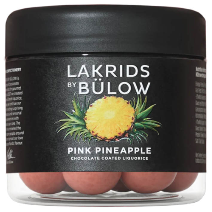 A 125g jar of Lakrids by Bülow Pink Pineapple Danish chocolate coated licorice, featuring a black lid and pineapple illustration—a delicious limited edition confection.