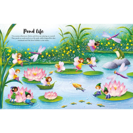 Sticker sheet showing fairies on lily pads with frogs, dragonflies, and flowers in a bright pond.