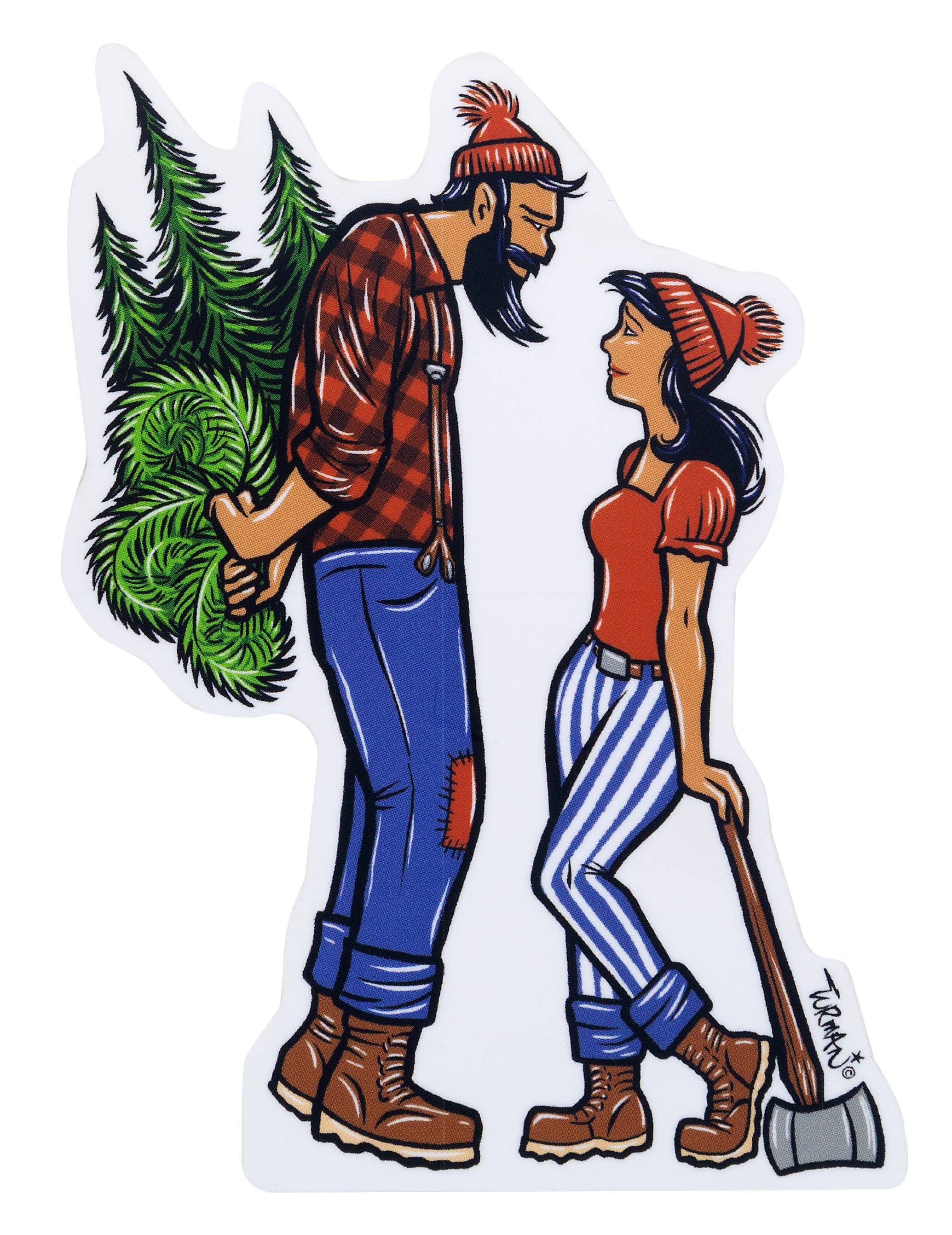 The Lumberjack Bouquet Sticker by Adam Turman depicts a bearded lumberjack with trees on his back facing an axe-wielding woman, both in boots and hats, capturing a dynamic and vibrant moment.