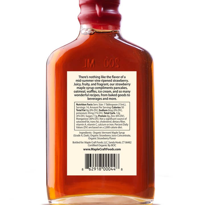 The 6.8 oz Summer Favorites Maple Syrup: Strawberry features a refined sugar-free label, ideal for enhancing strawberries, pancakes, and oatmeal. Discover more at www.MapleCatFoods.com.