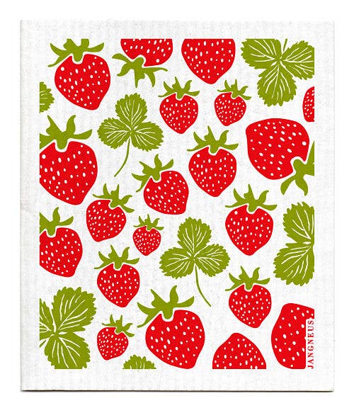 The Strawberries Swedish Dish Cloth features red strawberries and green leaves in a pattern on white, adding Scandinavian charm to your kitchen while offering an eco-friendly cleaning option.