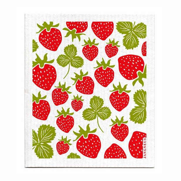 Illustration of red strawberries and green leaves on a white background, featured on the Jangneus of Sweden "Set: Tea Towel & Dish Cloth: Strawberries"—perfect for a Scandinavian-inspired kitchen.