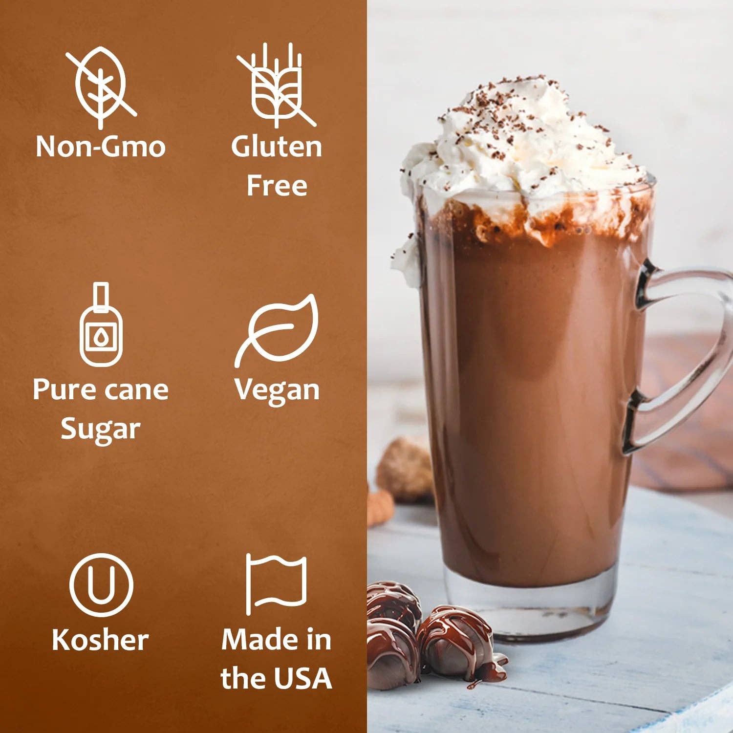 Glass mug of chocolate drink made with Syruvia Swiss Chocolate Mocha Syrup (pure cane sugar), topped with whipped cream. Attributes: Non-GMO, Gluten Free, Vegan, Kosher, Made in the USA.