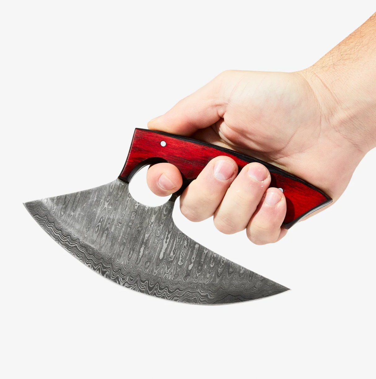 A hand holds the Knife: Alaskan Ulu Style Blade Damascus Steel Diamond Wood Handle Red & Black against a plain white background.